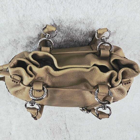 BRIGHTON Beige Pebble Leather Hobo Shoulder Bag Whipstitching Tassel Drawstring - Picture 13 of 16